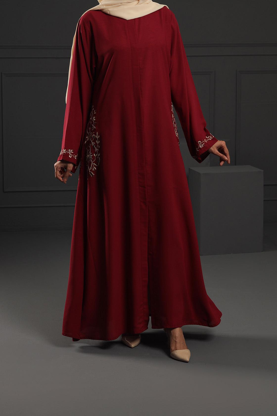 Abaya Maroon cream Embroidered Georgette Fabric