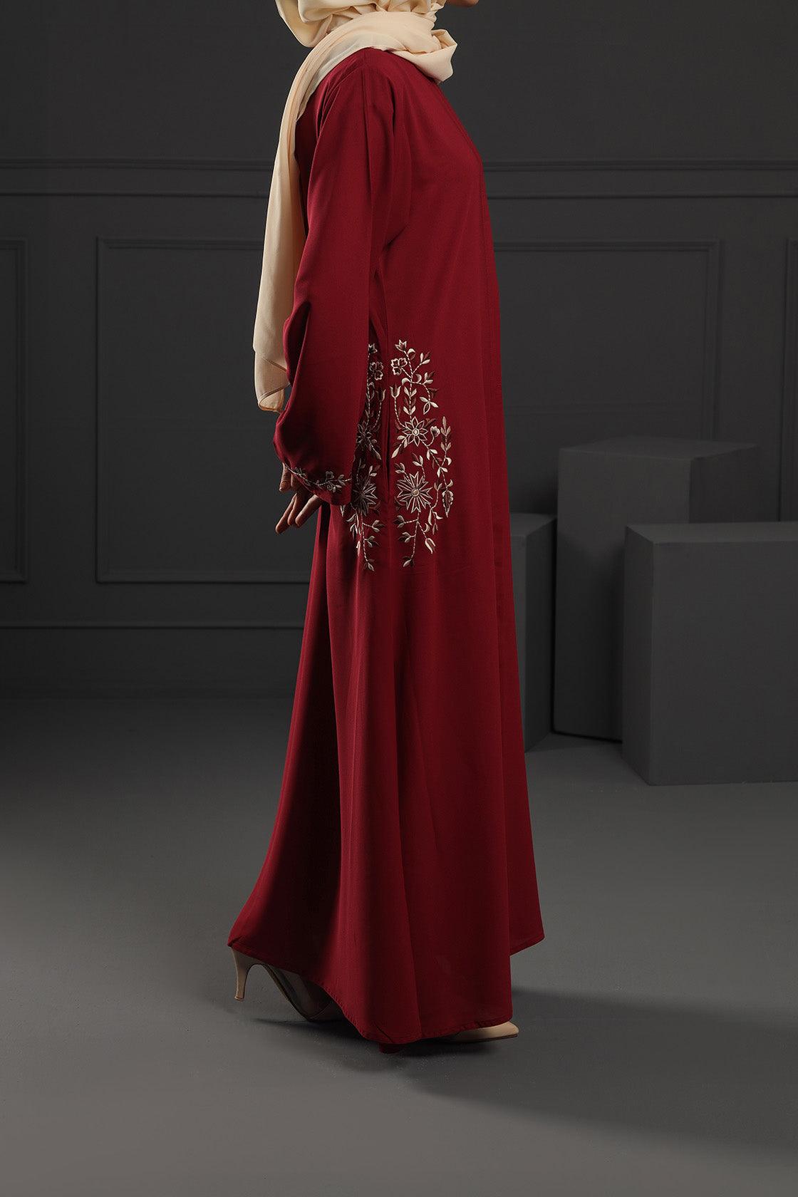 Abaya Maroon cream Embroidered Georgette Fabric