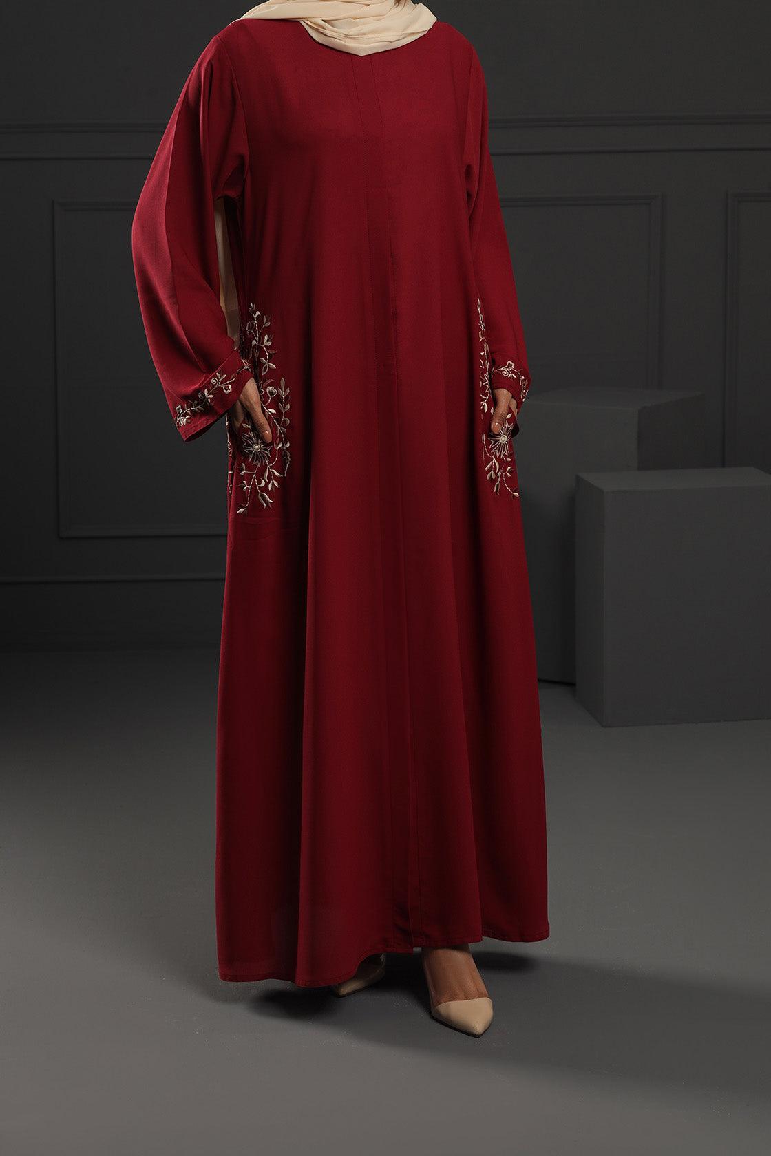 Abaya Maroon cream Embroidered Georgette Fabric
