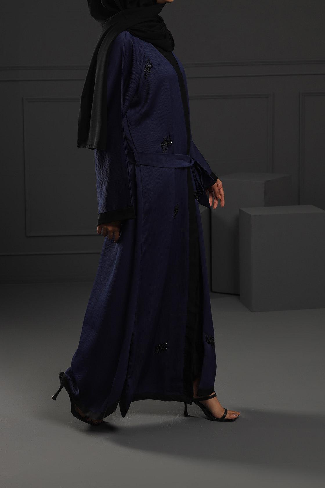 Abaya Navy Blue Embroidered Ottoman Fabric