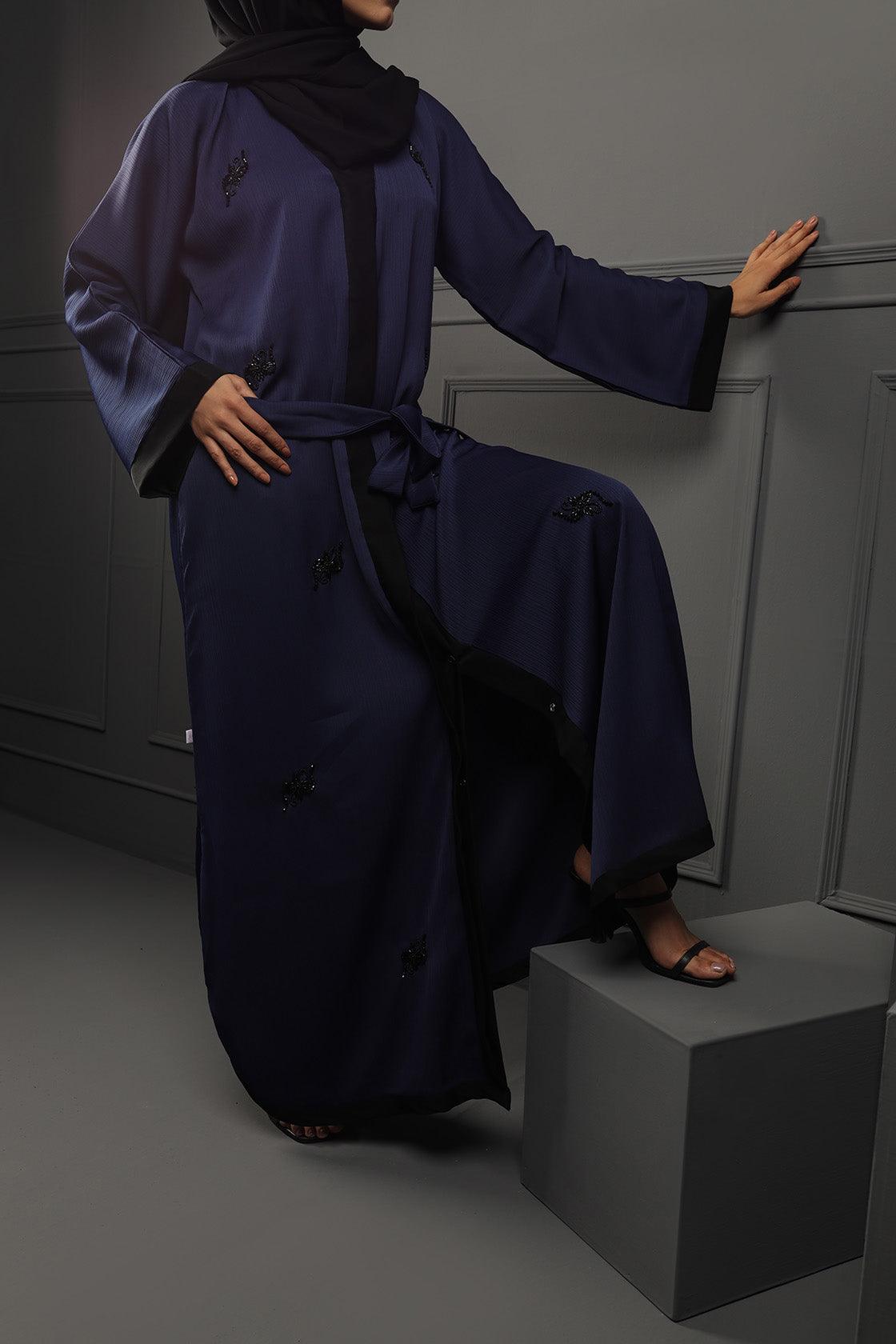 Abaya Navy Blue Embroidered Ottoman Fabric