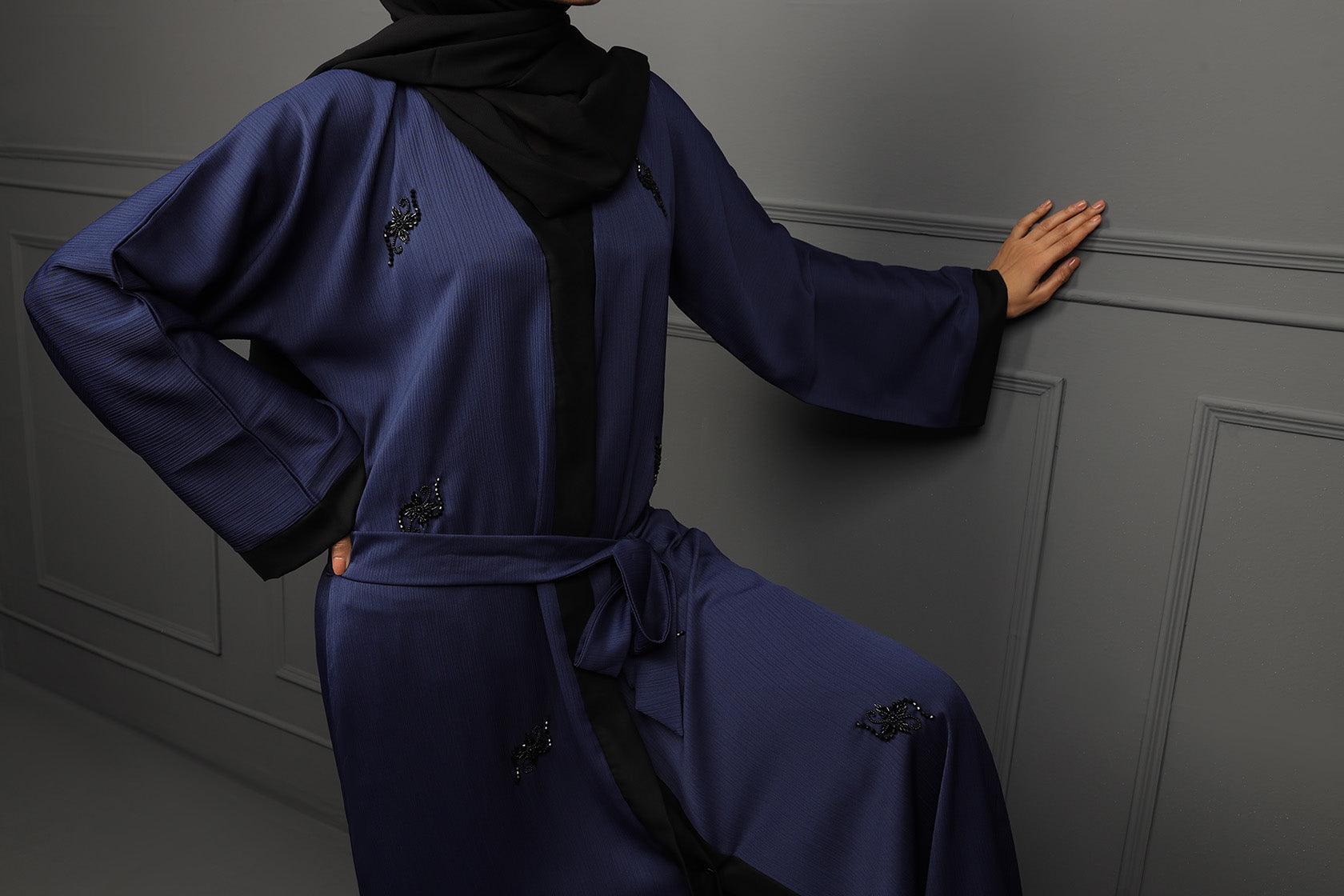 Abaya Navy Blue Embroidered Ottoman Fabric