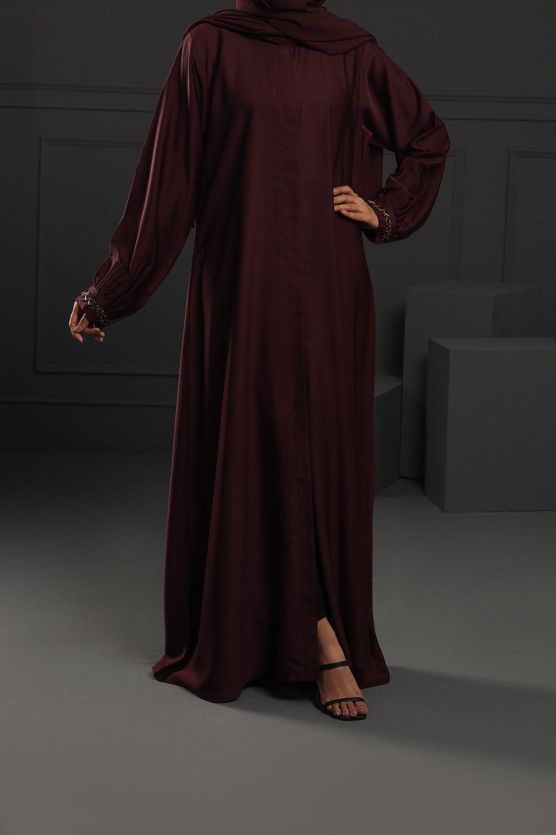 Abaya Maroon Sleeves Hand Embroidered Silk Fabric