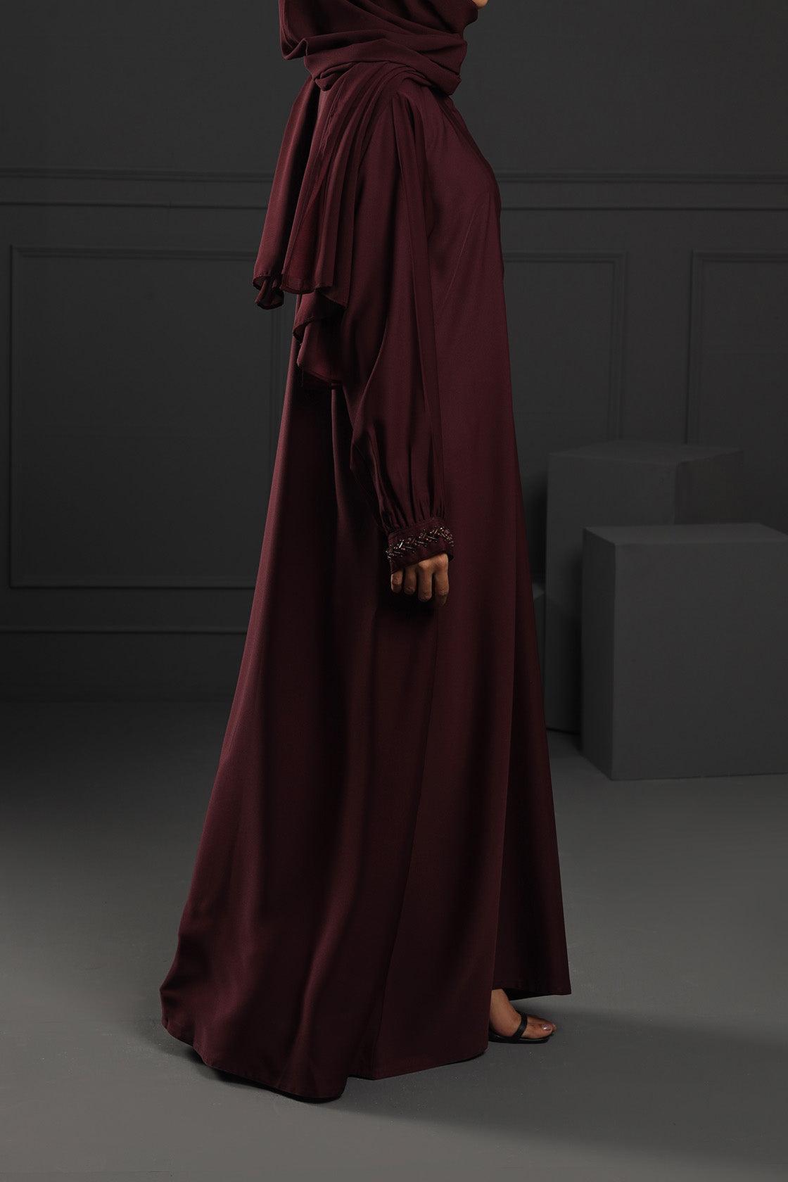 Abaya Maroon Sleeves Hand Embroidered Silk Fabric