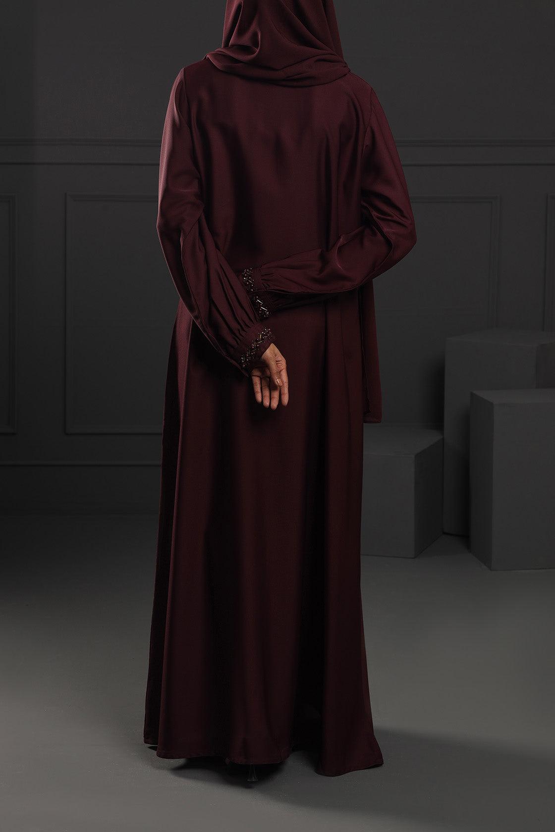 Abaya Maroon Sleeves Hand Embroidered Silk Fabric