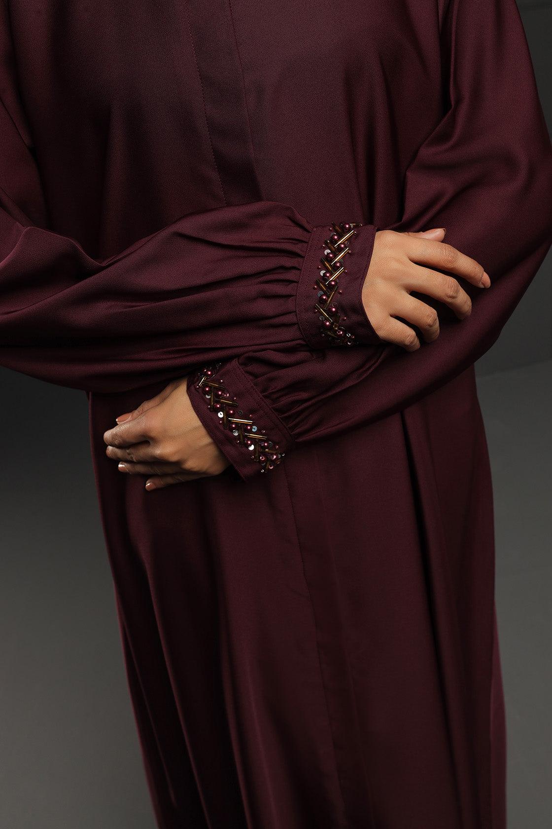 Abaya Maroon Sleeves Hand Embroidered Silk Fabric