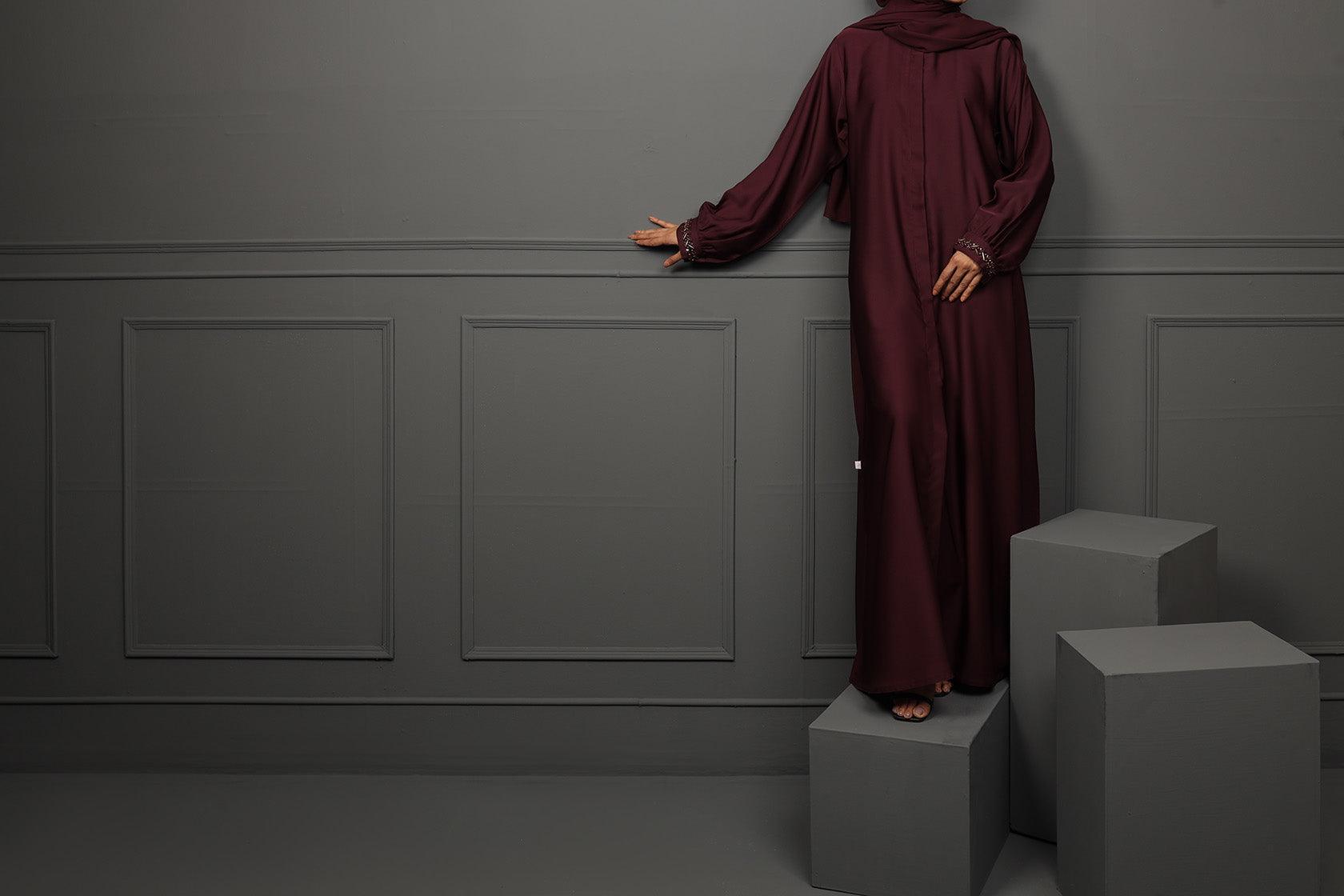 Abaya Maroon Sleeves Hand Embroidered Silk Fabric