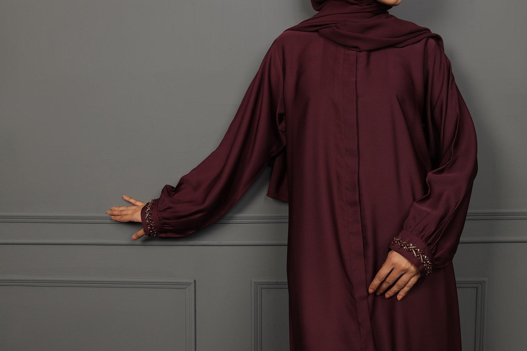 Abaya Maroon Sleeves Hand Embroidered Silk Fabric