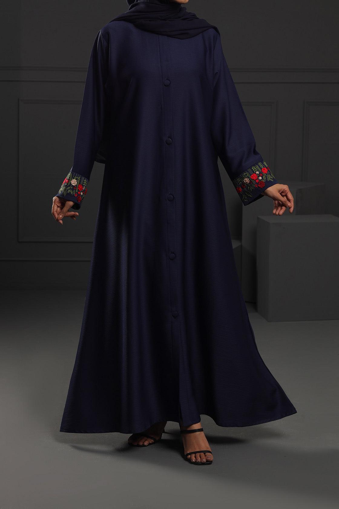 Abaya Floral Red Embroidered Ottoman-Fabric