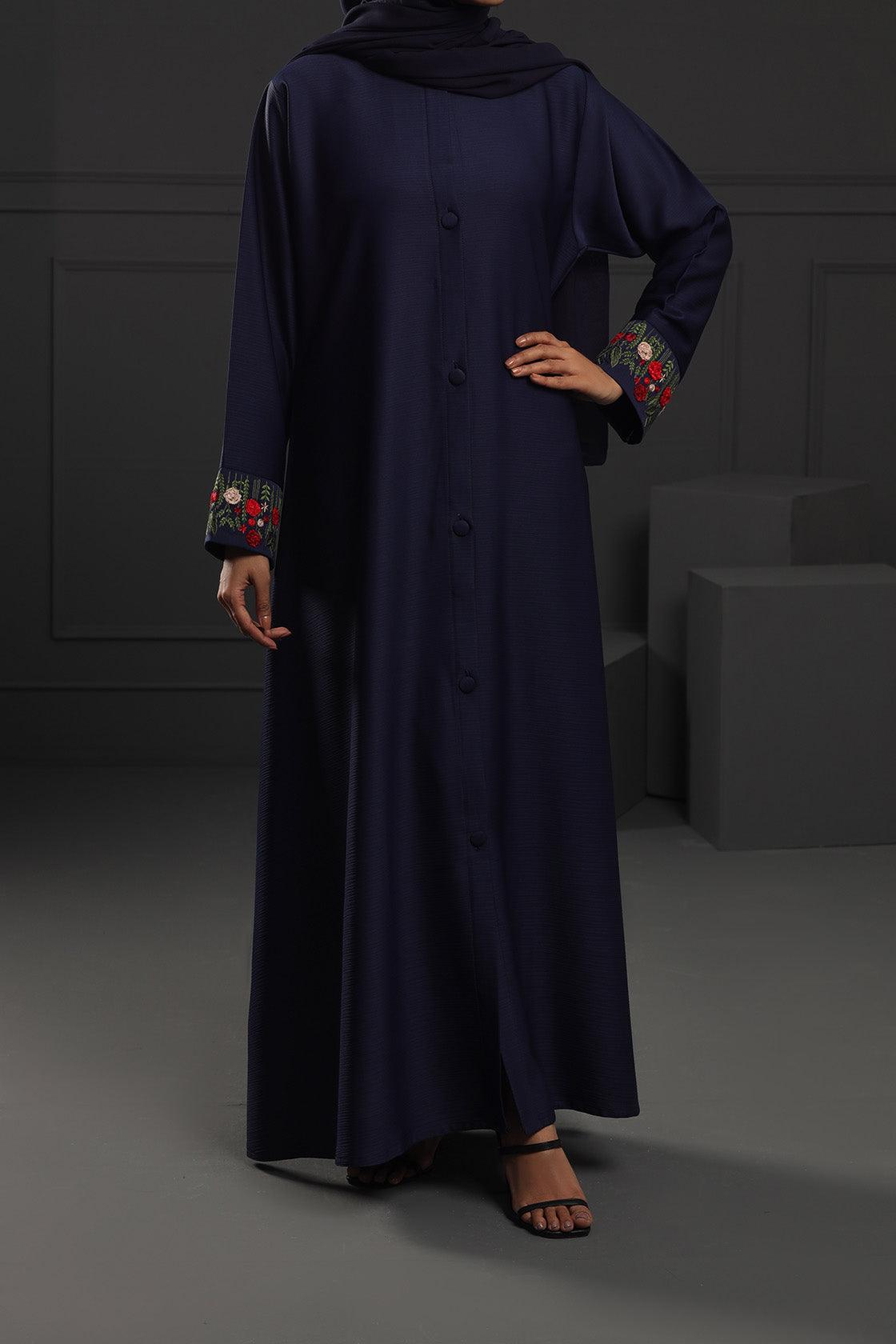 Abaya Floral Red Embroidered Ottoman-Fabric