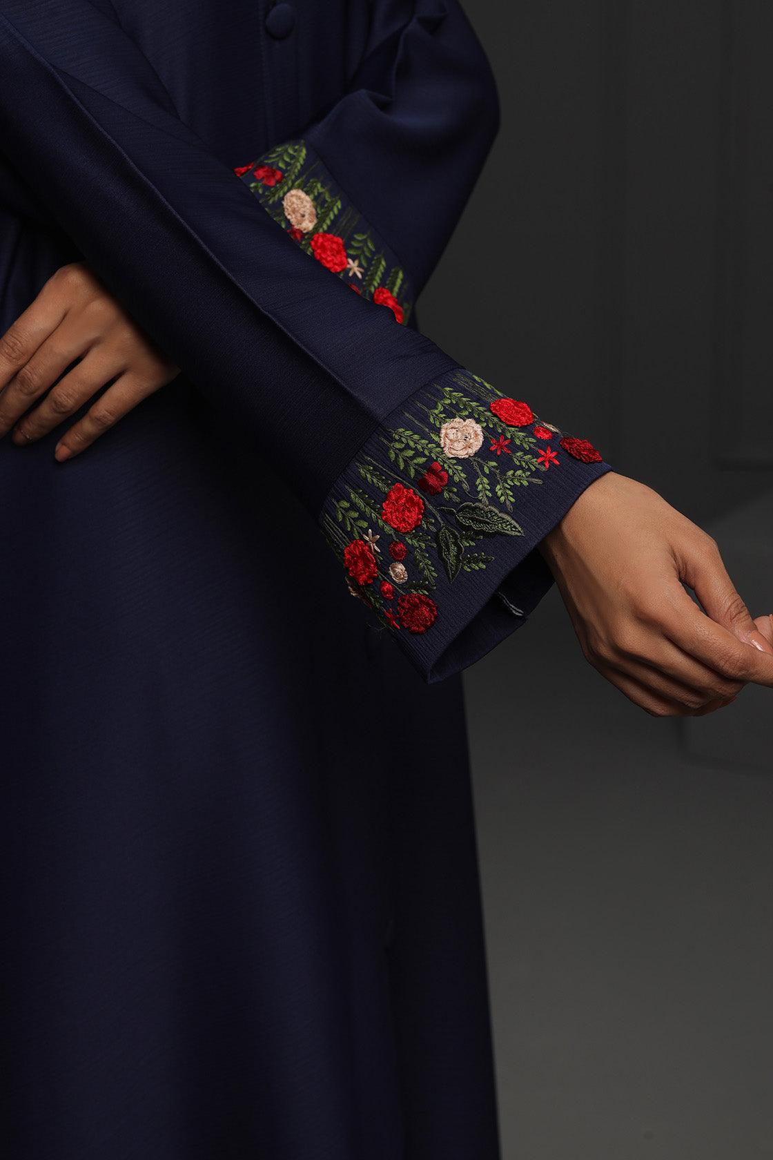 Abaya Floral Red Embroidered Ottoman-Fabric