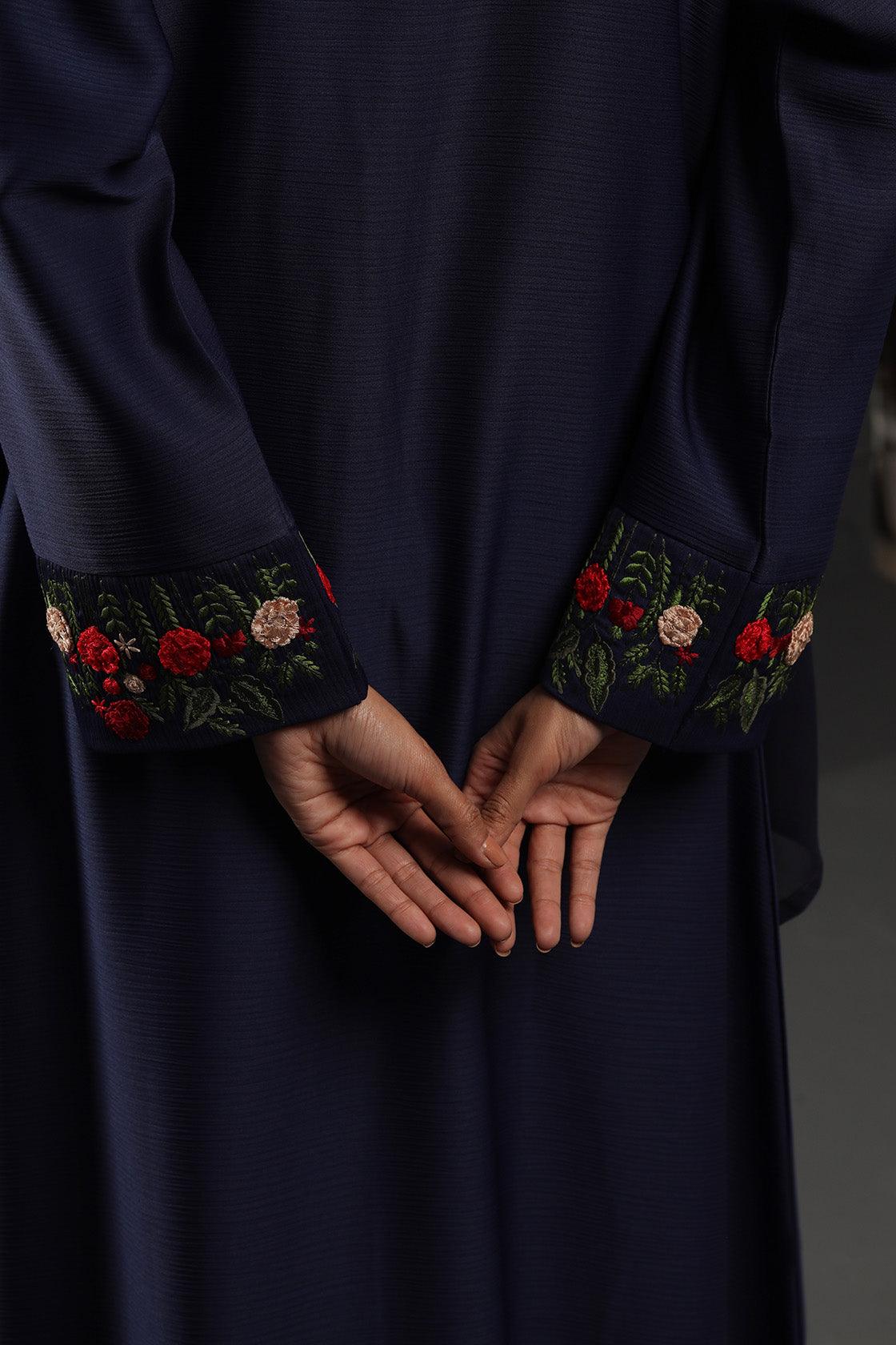 Abaya Floral Red Embroidered Ottoman-Fabric