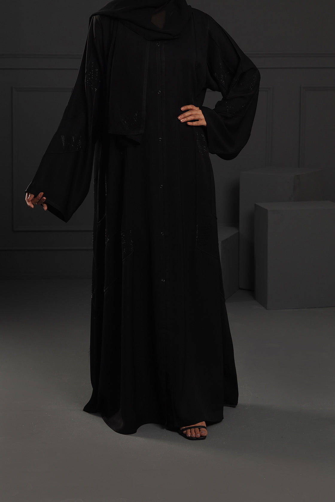 Abaya Black Pearl Embroidered Satin Silk