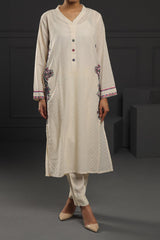2 piece suit Cream Embroidered Cottton-Lawn