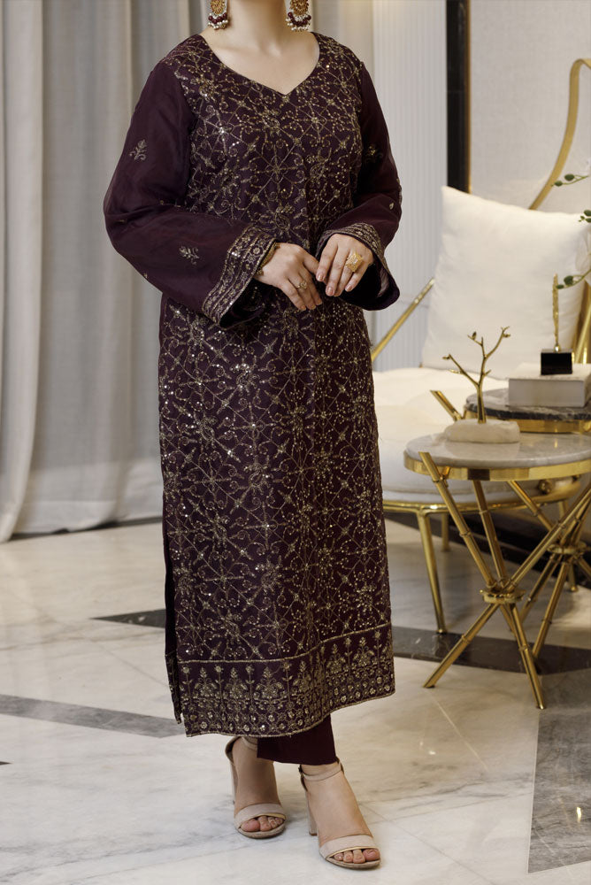 Deep Burgundy 2 piece Embroidered Dress Organza-Fabric