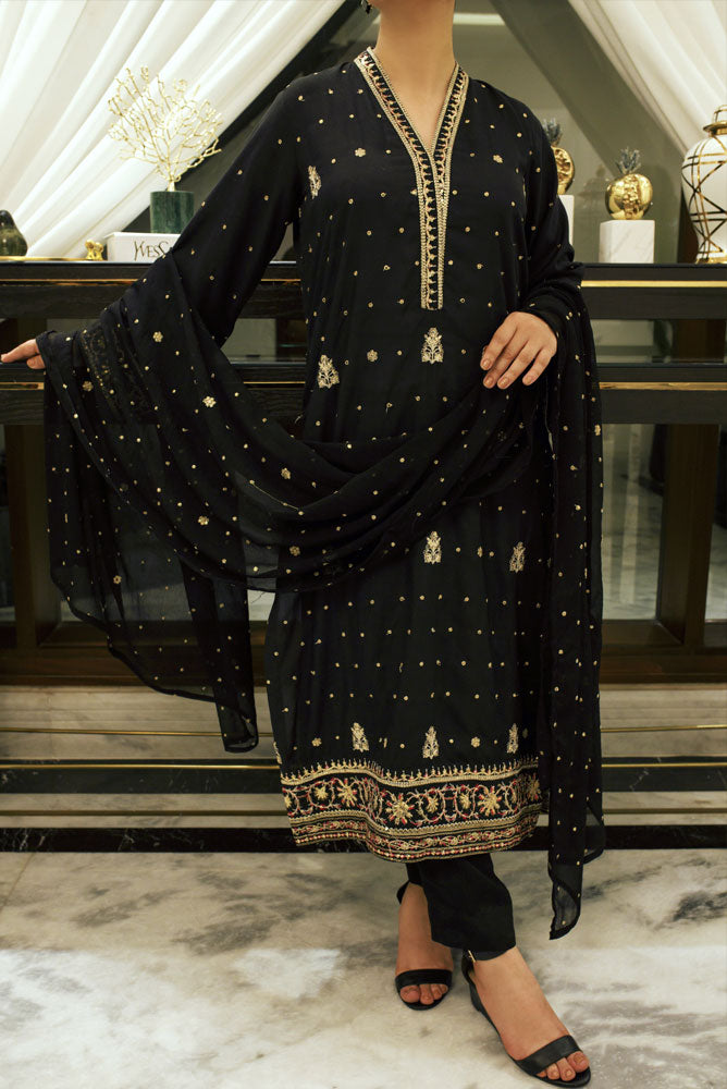 Charcoal Black 3 Piece Embroidered Dress