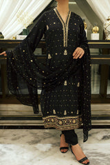 Charcoal Black 3 Piece Embroidered Dress