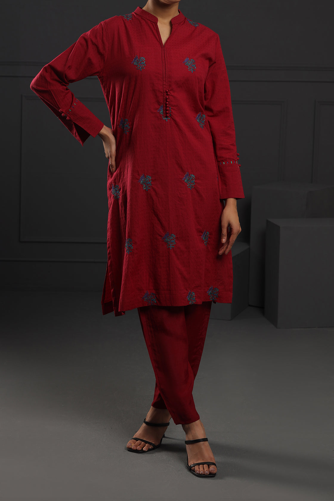 2 Piece Embroidered Dress Deep Red