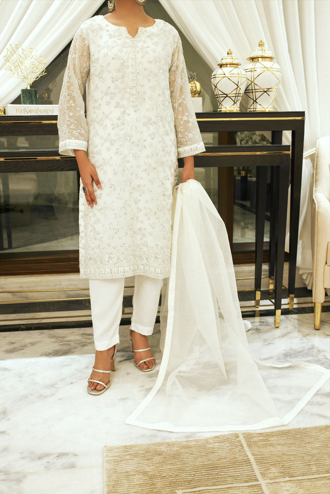 Pearl White 3 piece Embroidered Dress