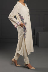 2 piece suit Cream Embroidered Cottton-Lawn