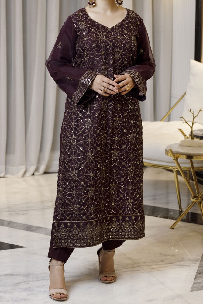 Deep Burgundy 2 piece Embroidered Dress Organza-Fabric