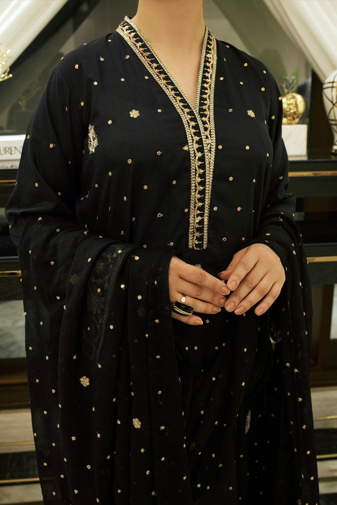 Charcoal Black 3 Piece Embroidered Dress