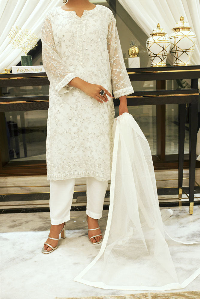Pearl White 3 piece Embroidered Dress