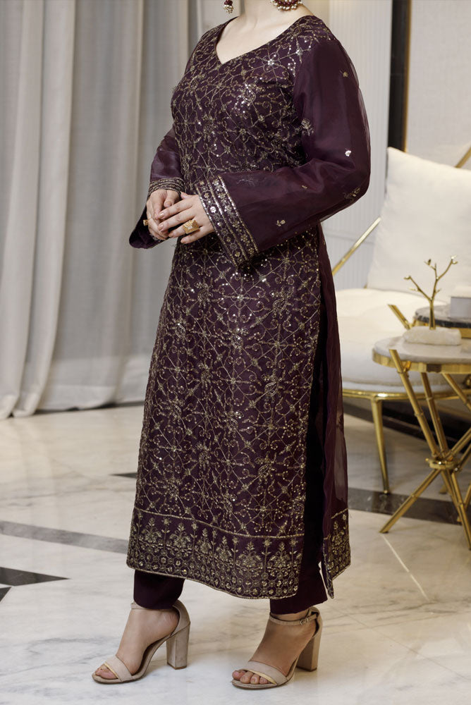 Deep Burgundy 2 piece Embroidered Dress Organza-Fabric