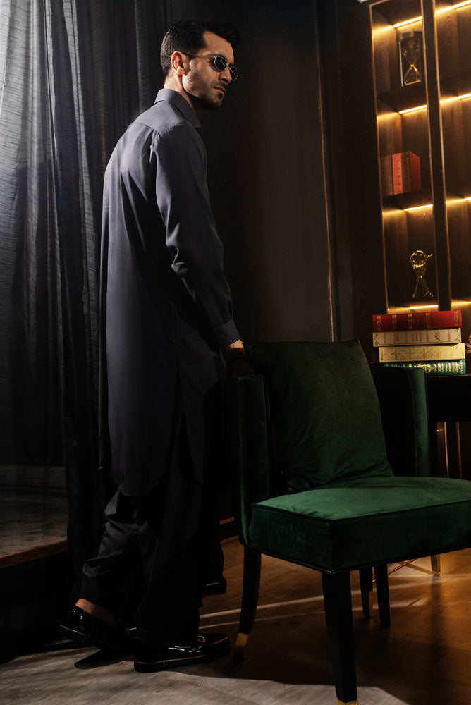 Men Grey Shalwar Kameez Blended-Fabric