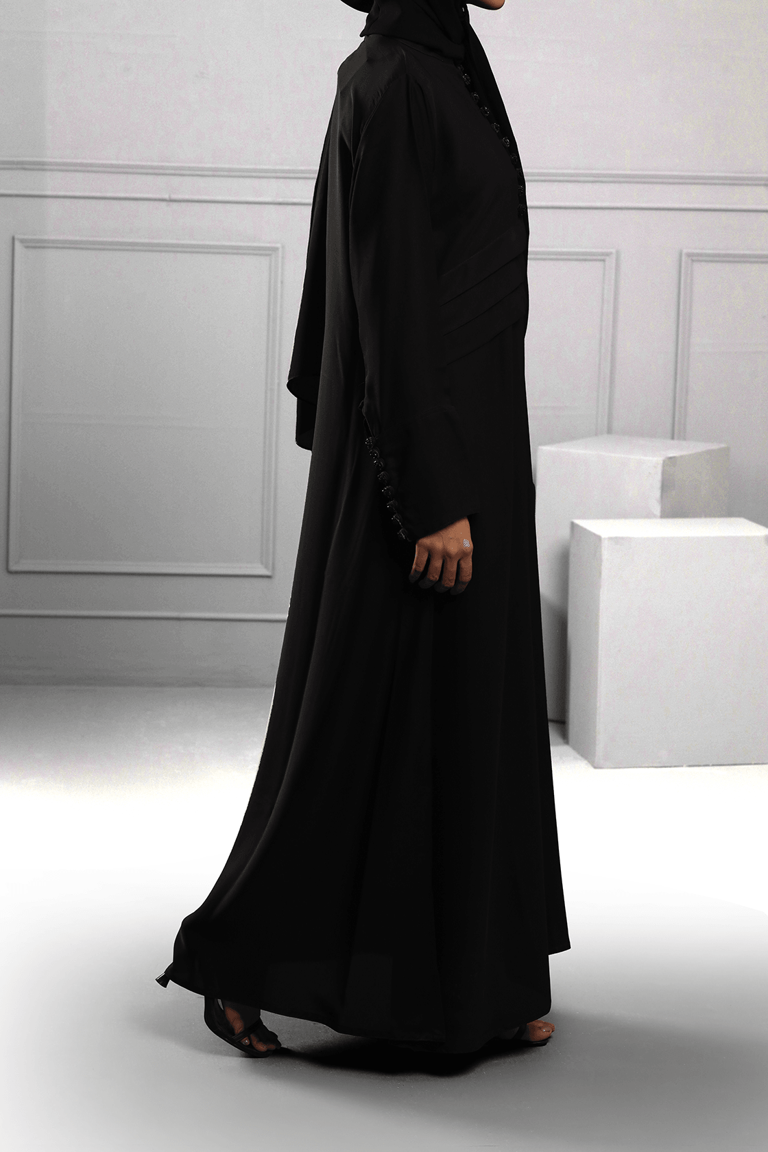 Abaya Black Hand Work Buttons Silk-Fabric
