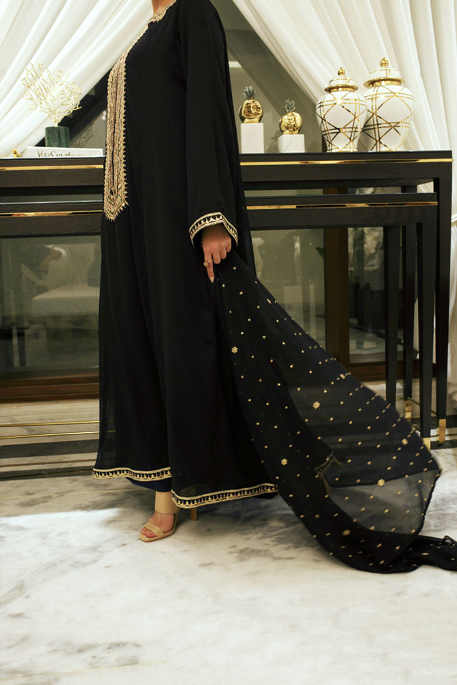 3 Piece Suit Embroidered Black Gold Twisted Lawn