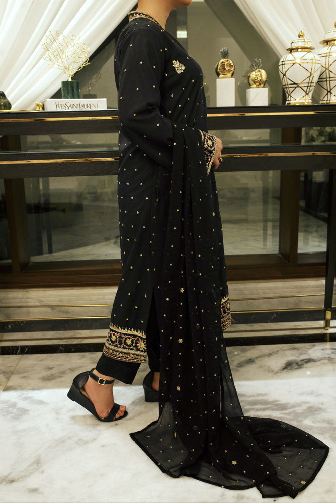 Charcoal Black 3 Piece Embroidered Dress
