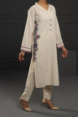 2 piece suit Cream Embroidered Cottton-Lawn