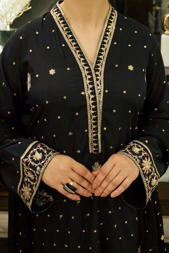 Charcoal Black 3 Piece Embroidered Dress