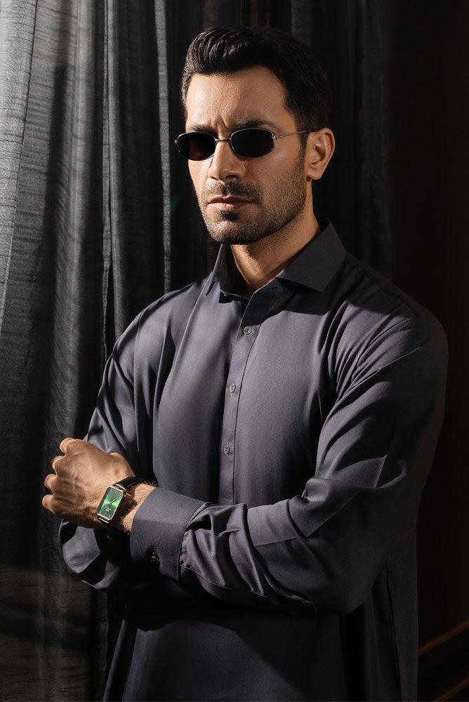 Men Grey Shalwar Kameez Blended-Fabric