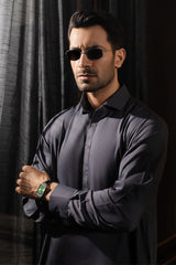Men Grey Shalwar Kameez Blended-Fabric
