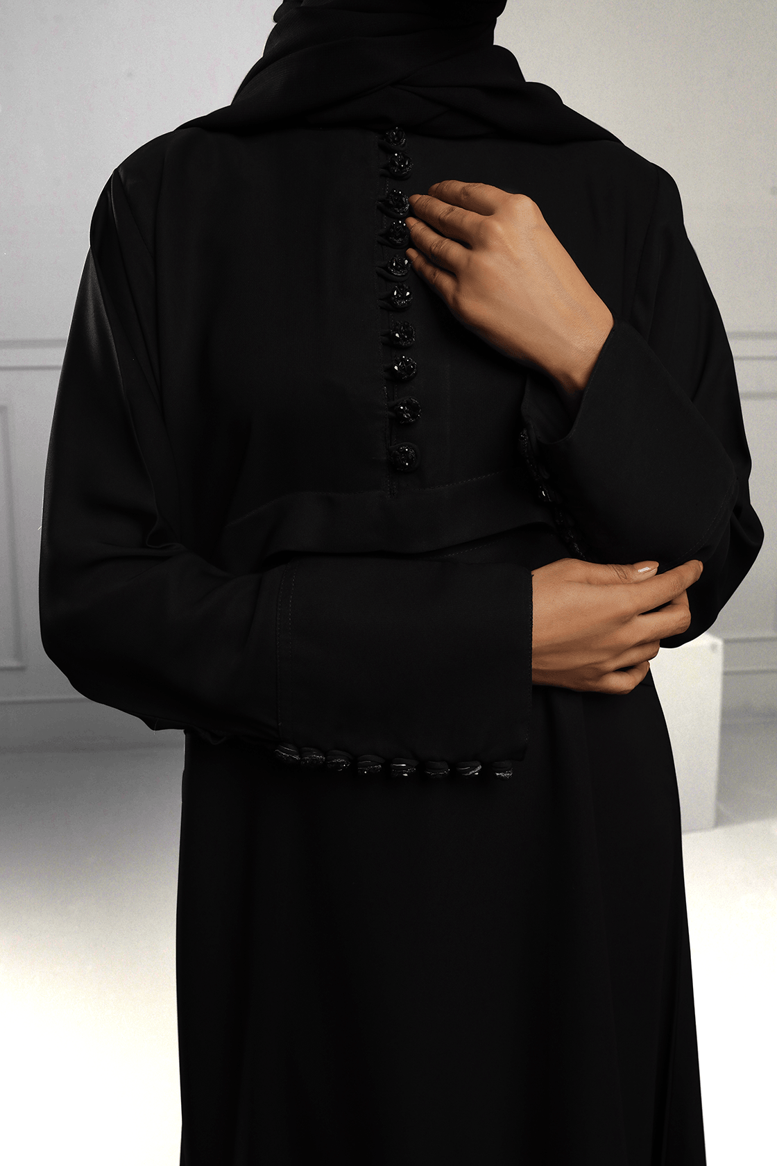 Abaya Black Hand Work Buttons Silk-Fabric