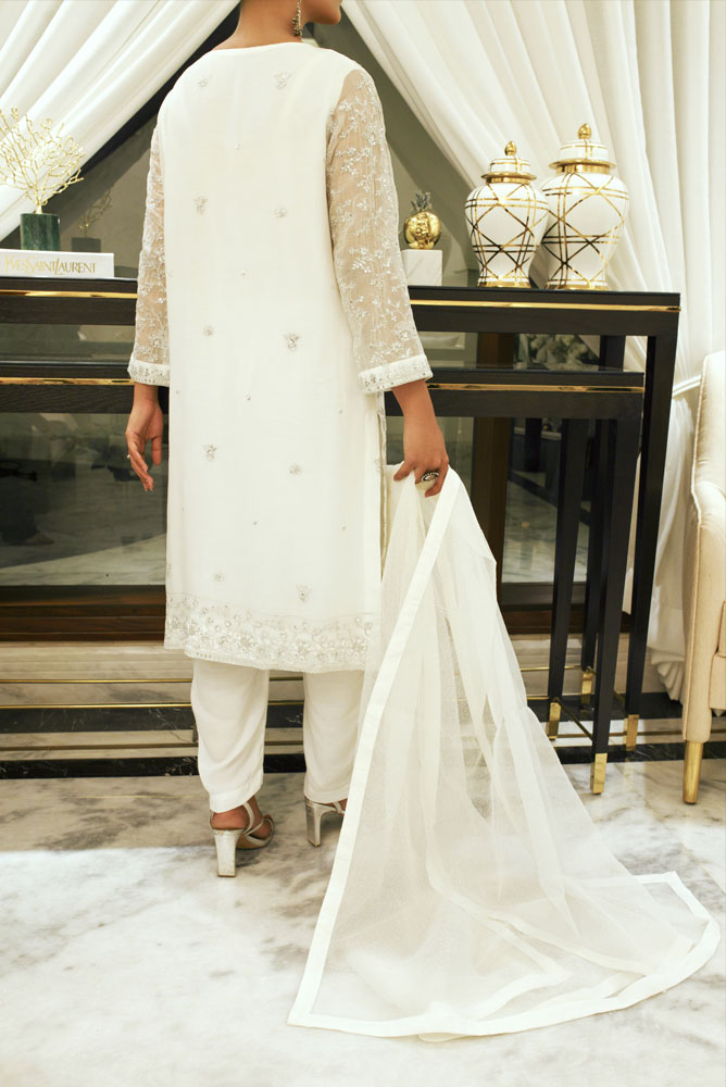 Pearl White 3 piece Embroidered Dress