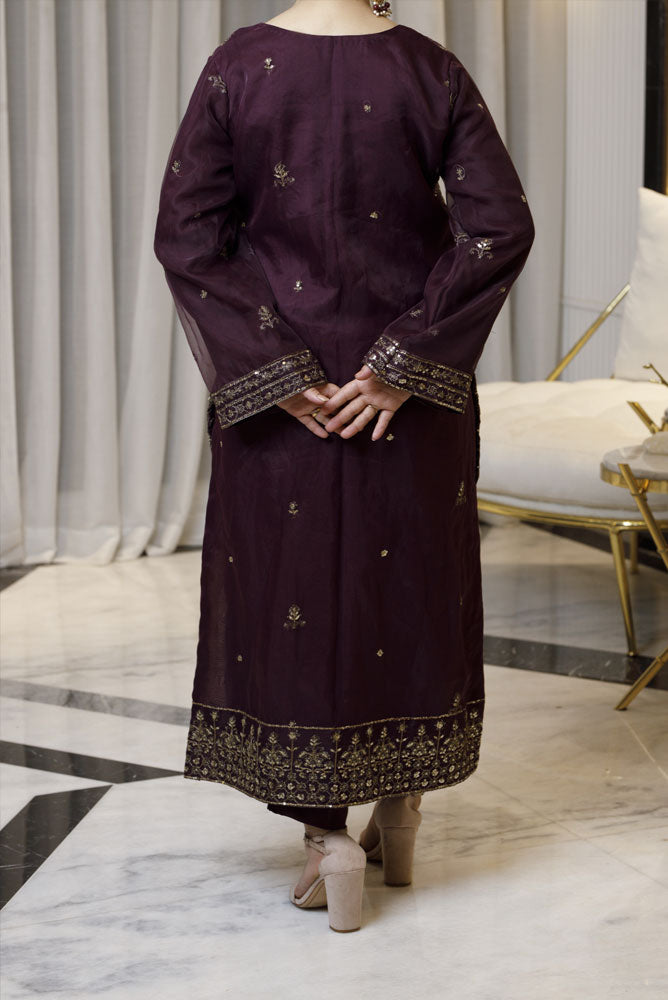 Deep Burgundy 2 piece Embroidered Dress Organza-Fabric