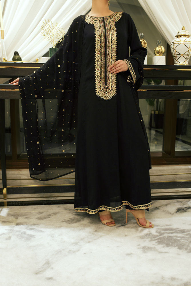 3 Piece Suit Embroidered Black Gold Twisted Lawn