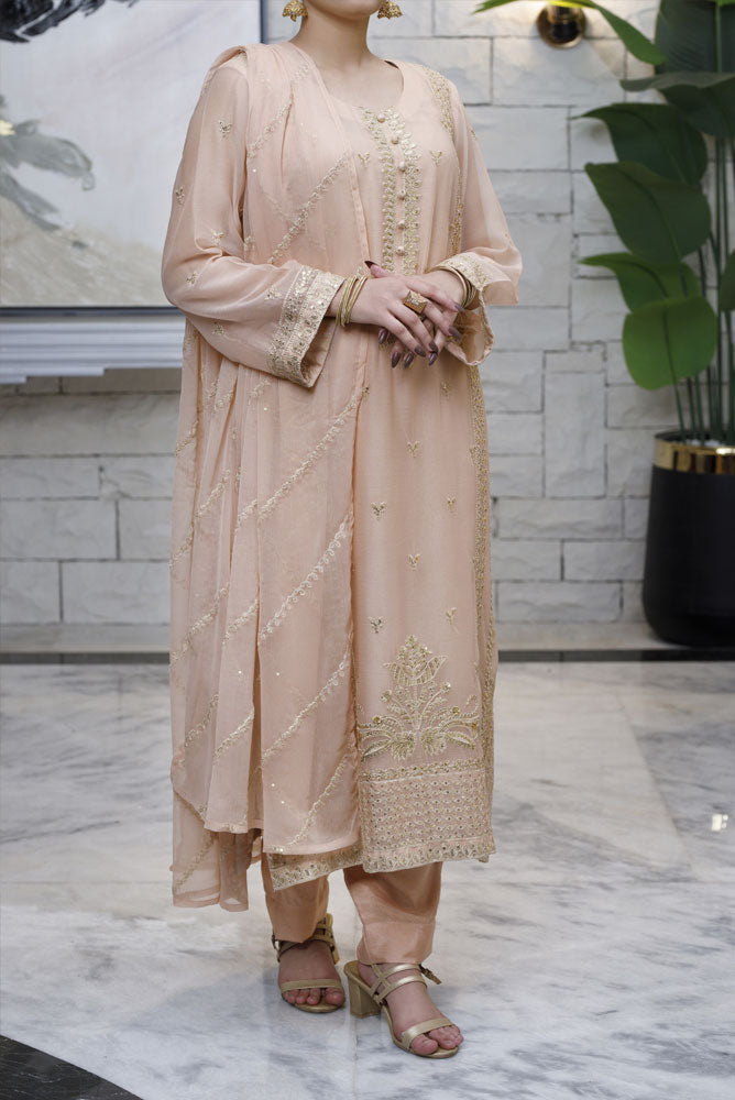 Peach Pink 3 piece Suit Chiffon-Fabric