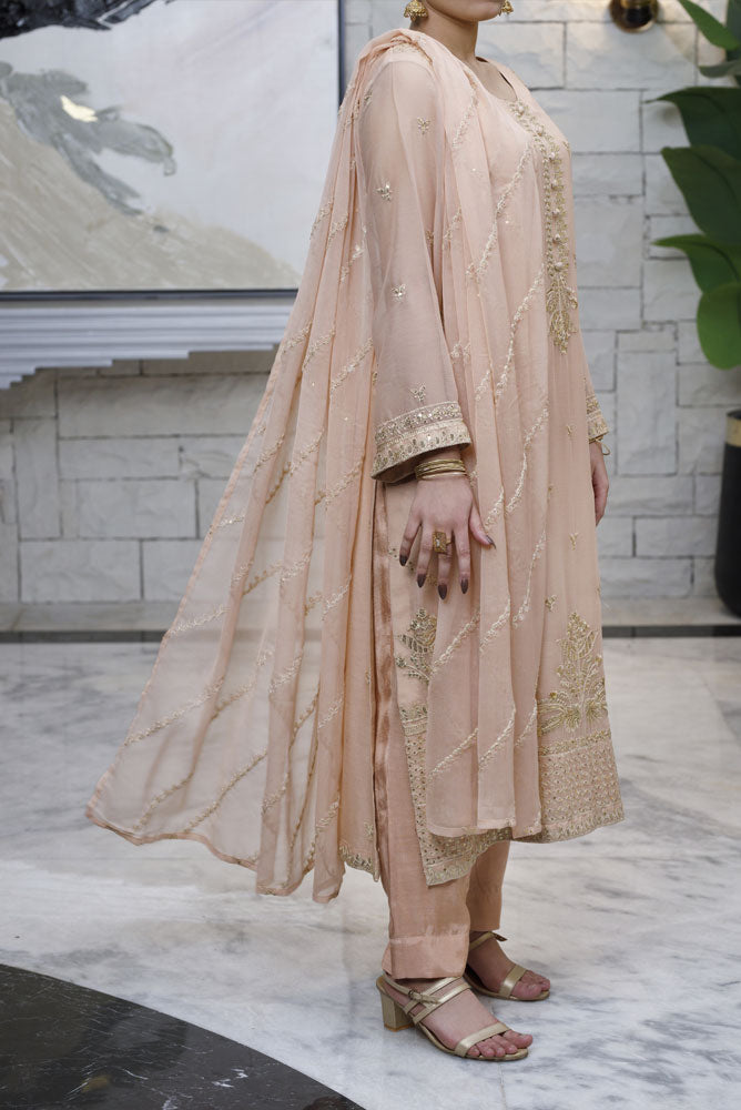 Peach Pink 3 piece Suit Chiffon-Fabric