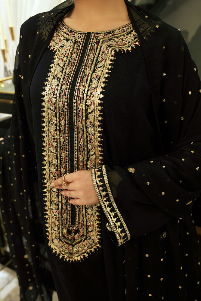 3 Piece Suit Embroidered Black Gold Twisted Lawn