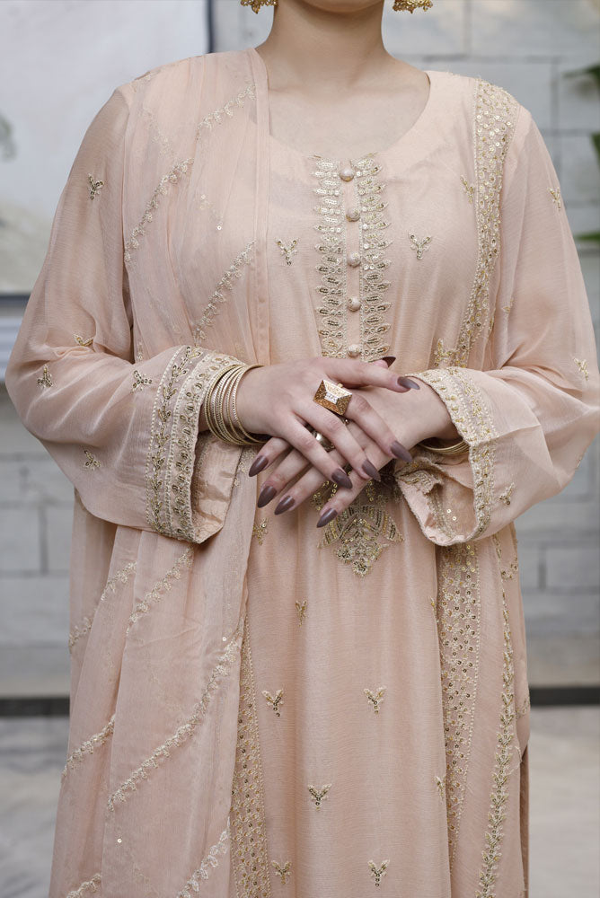 Peach Pink 3 piece Suit Chiffon-Fabric