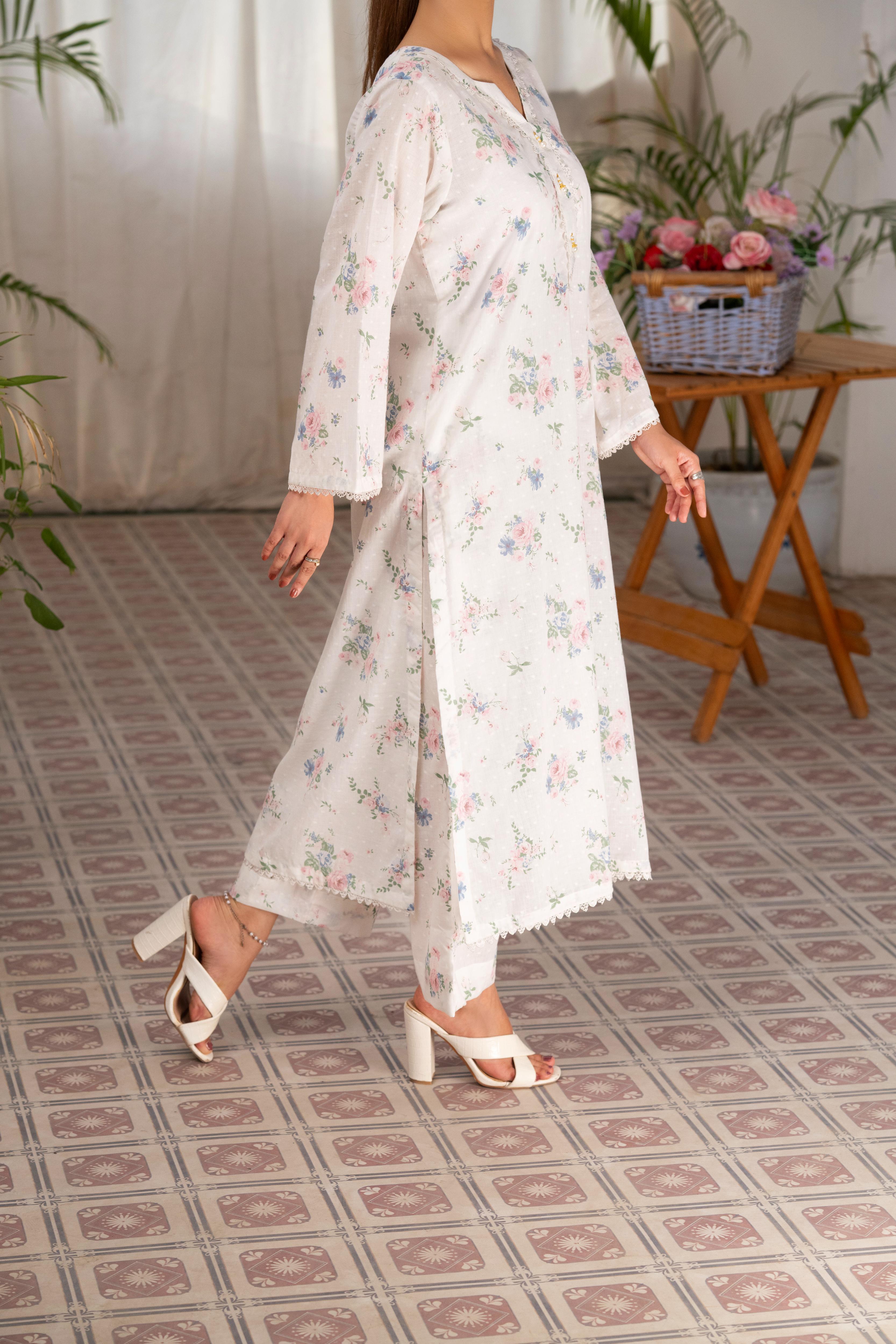WHITE PINK FLORAL PRINTED 2 PIECE SUIT