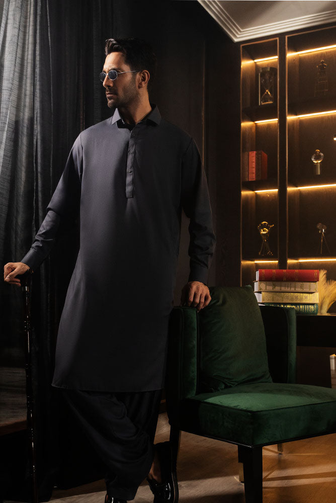 Men Grey Shalwar Kameez Blended-Fabric